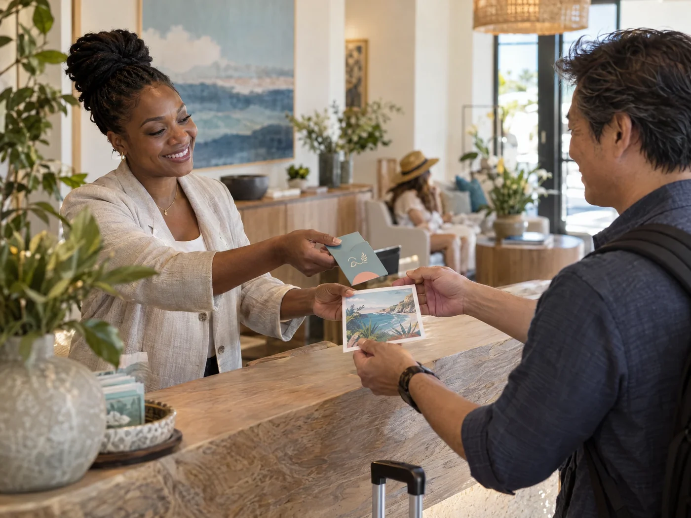 A hospitality team member welcoming a guest at a hotel front desk