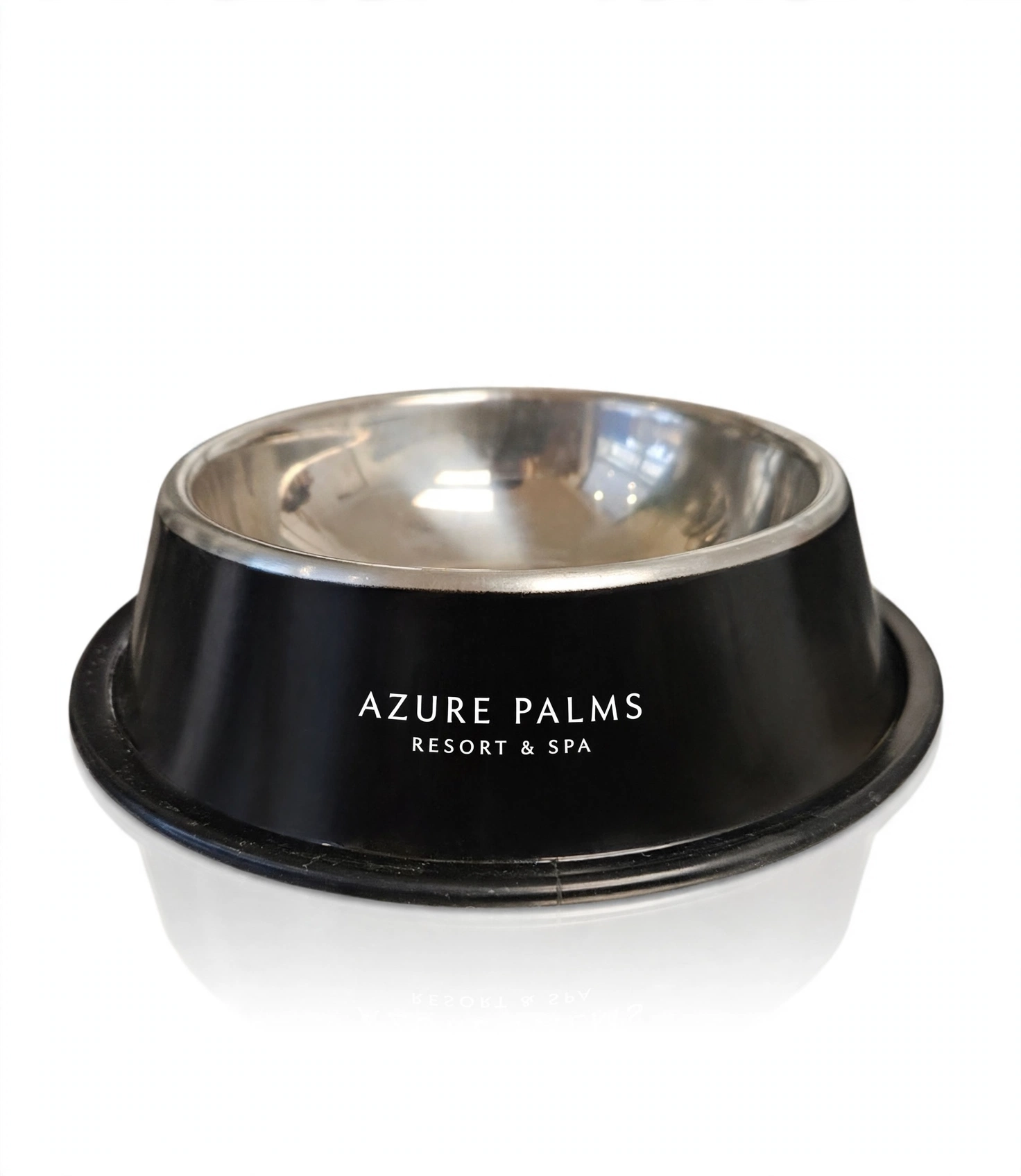 Illustrative sample: black insulated stainless steel pet water bowl with Azure Palms Resort and Spa branding.