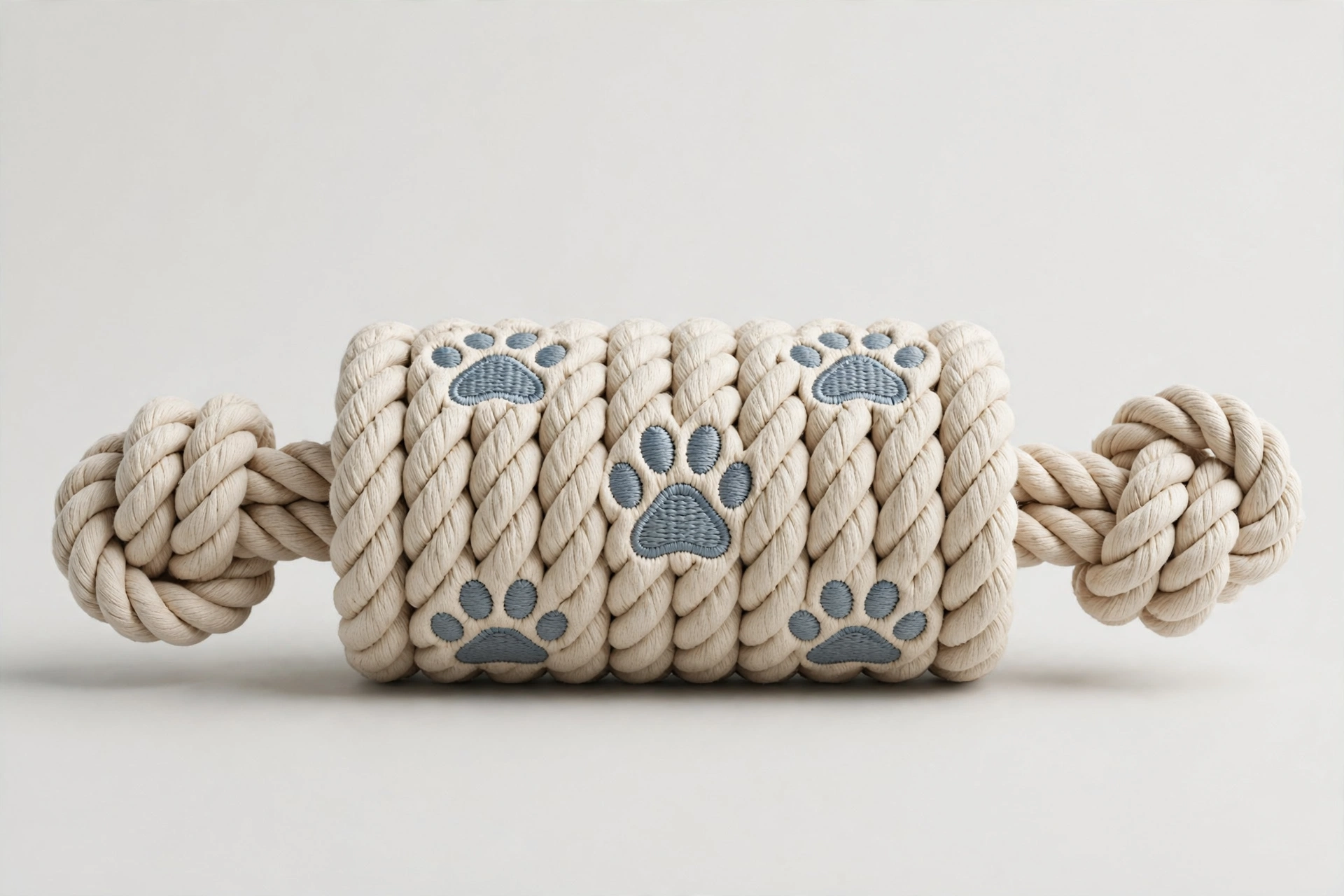 Illustrative sample: braided rope tug dog toy with paw design.