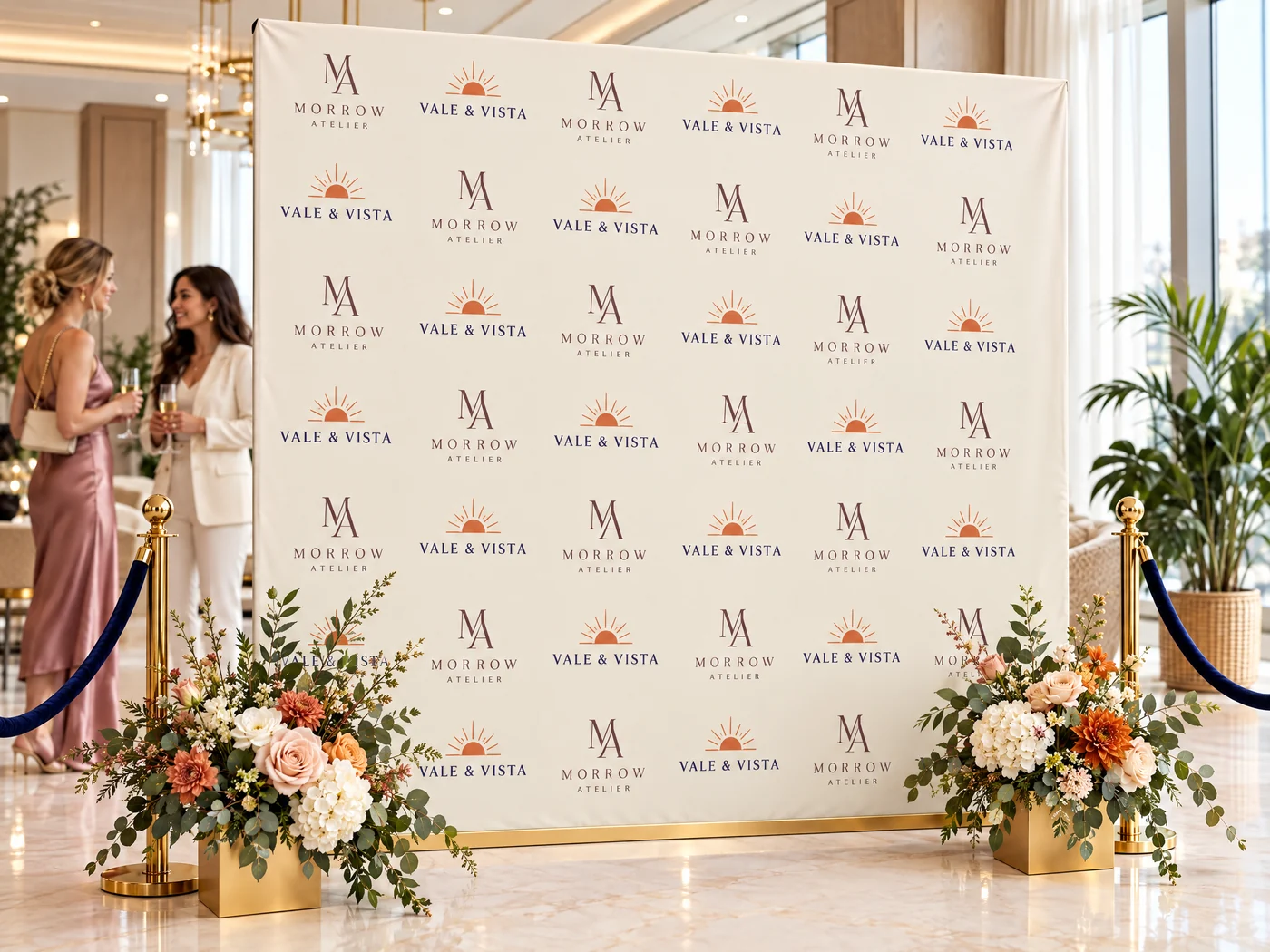 Custom event backdrop with a contrasting boutique sample design