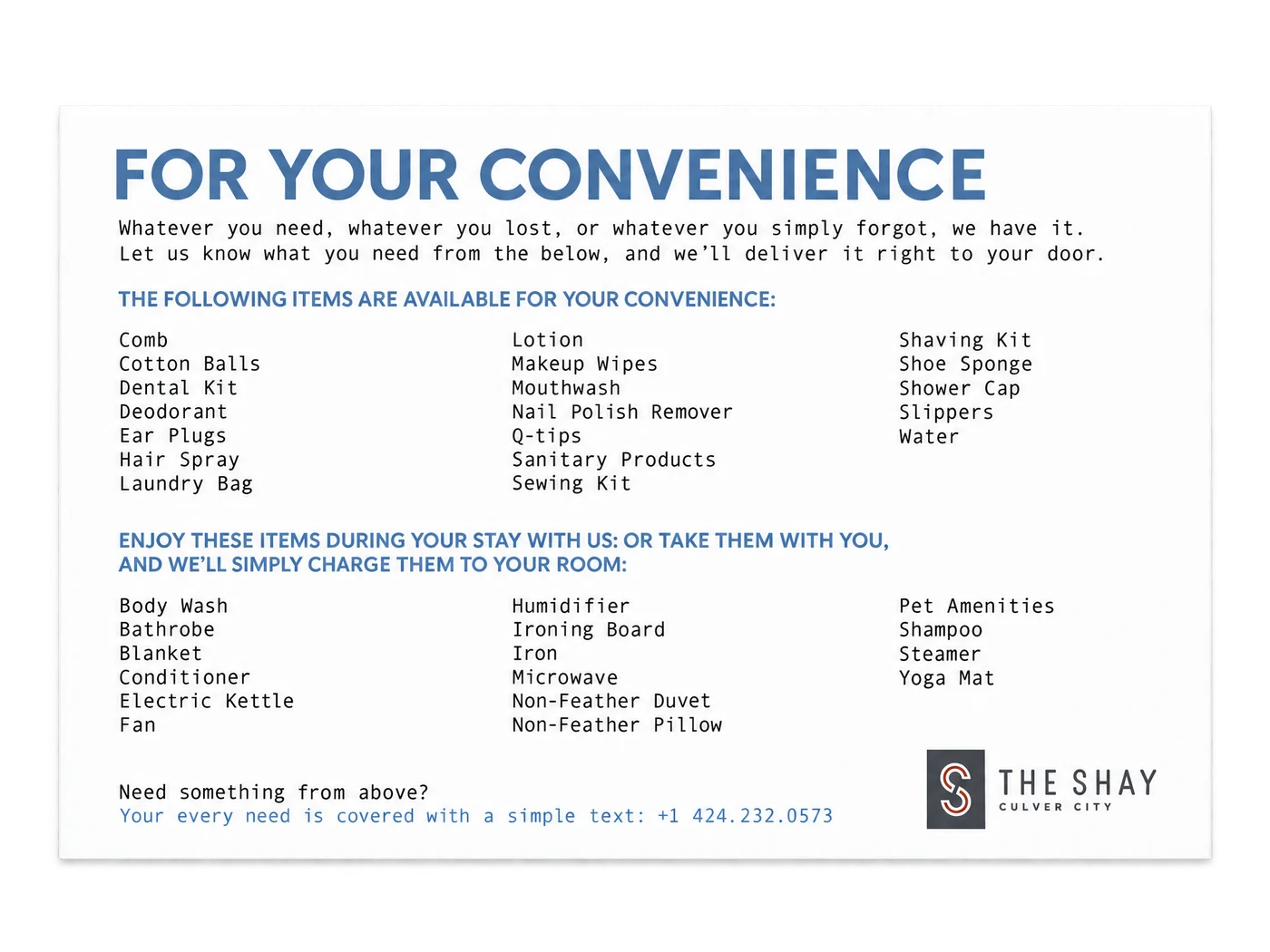 Guest convenience card custom-design studio example