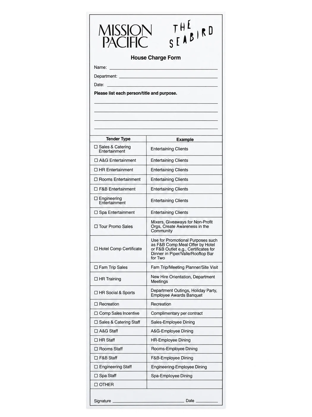 Hotel house-charge form custom-design studio example
